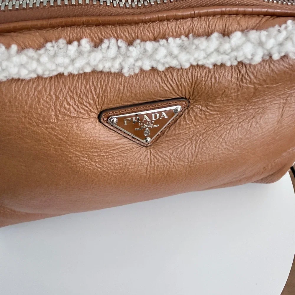 Prada Bandoliera Montone Shearling Leather Crossbody Bag Cognac 2VH181